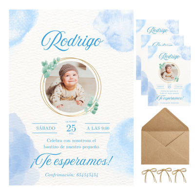 Invitaciones de Bautizo Personalizadas con Foto – Packs 16 / 24 / 32 – Diseño Acuarela Azul – Tarjetas Premium A6