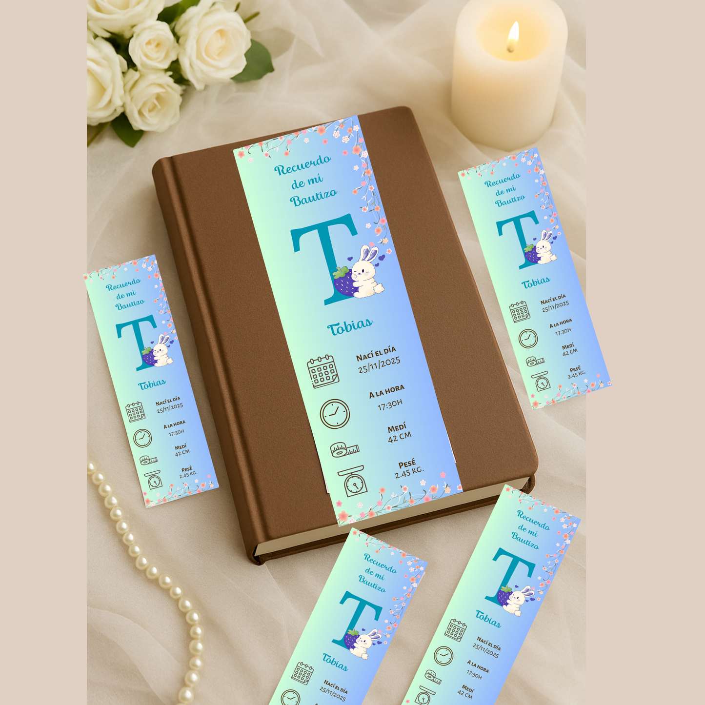 Marcapáginas Natalicio Personalizados – Diseño Conejito y Flores – Packs 12 / 24 / 36 / 48 – Recuerdo de Bautizo o Nacimiento