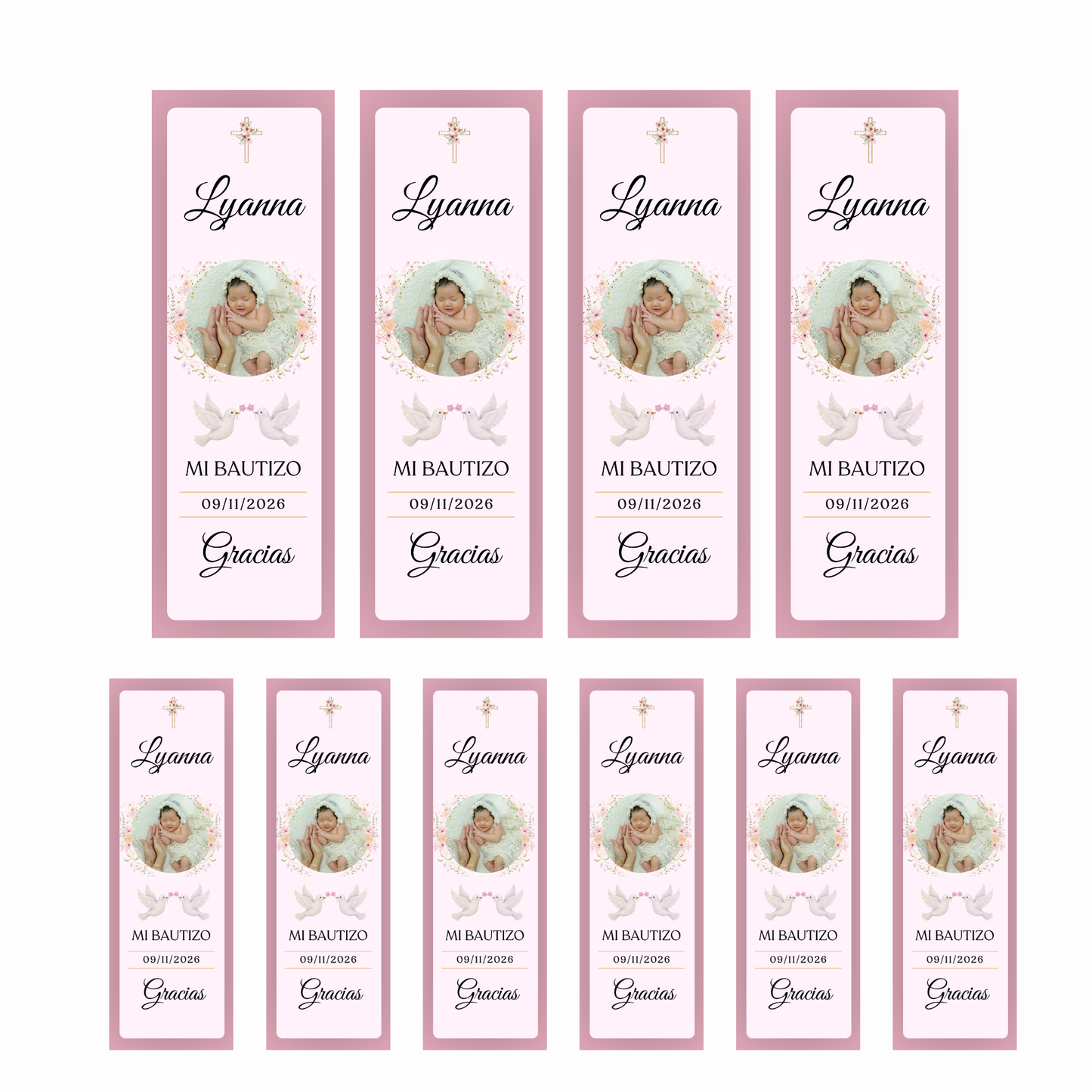Marcapáginas Bautizo Personalizados con Foto – Diseño Floral Rosa – Packs 12 / 24 / 36 / 48 – Recuerdo para Invitados