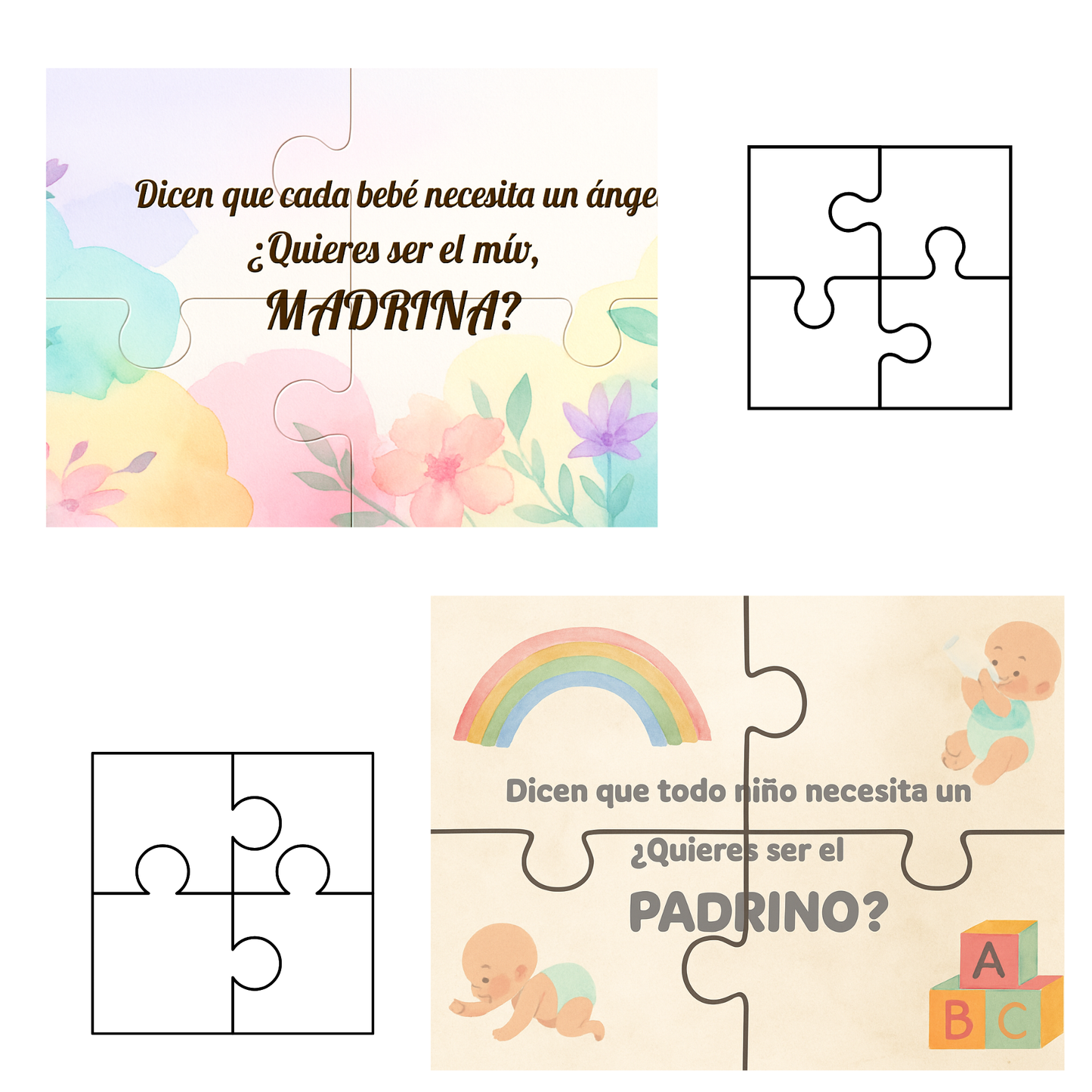Pack 2 Tarjetas Puzzle Padrino y Madrina – Invitación Original y Emotiva – Diseño Premium 300 g – Hecho a Mano
