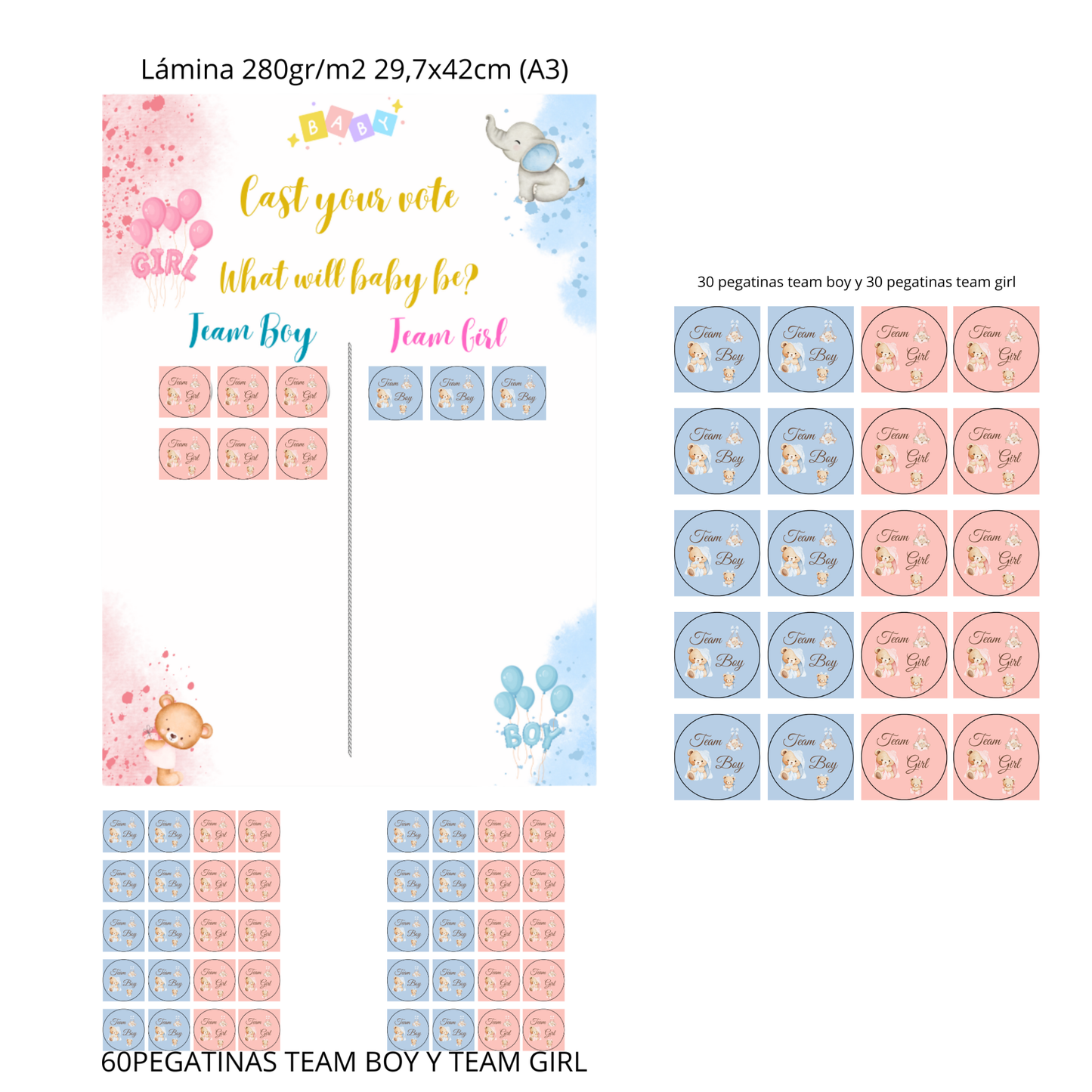 Lámina A3 “Cast Your Vote” + 60 adhesivos Team Boy & Team Girl | 280 g/m²