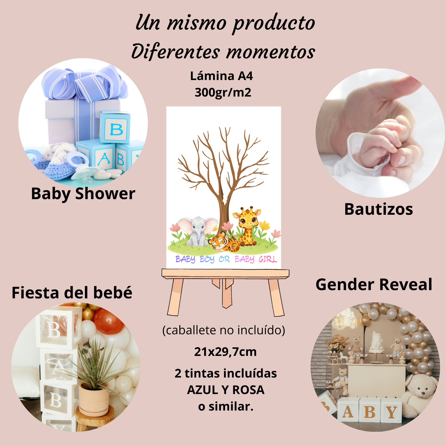 Lámina A4 Árbol de Huellas — Tinta Rosa y Azul | 300 g/m² | Baby Boy o Baby Girl