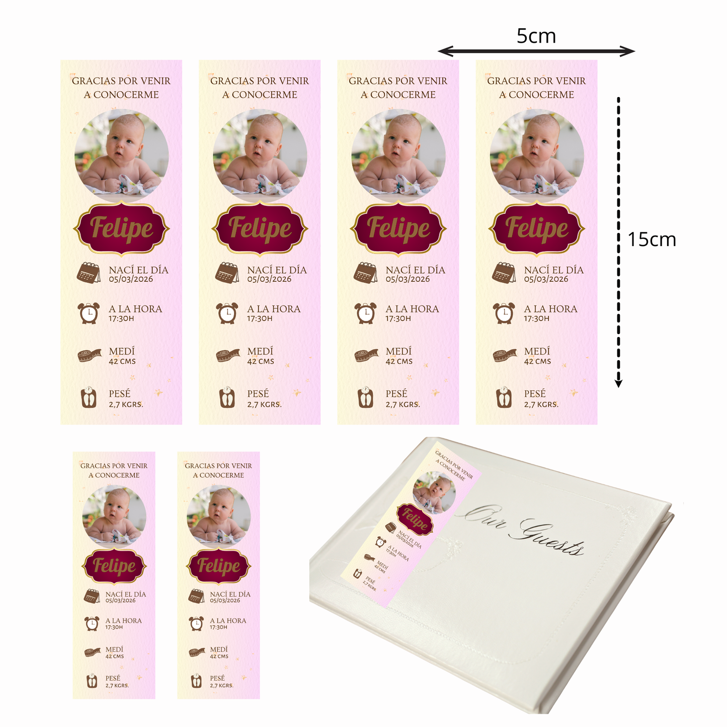 Marcapáginas Natalicio Personalizados con Foto – Diseño Rosa Pastel – Packs 12 / 24 / 36 / 48 – Recuerdo de Nacimiento