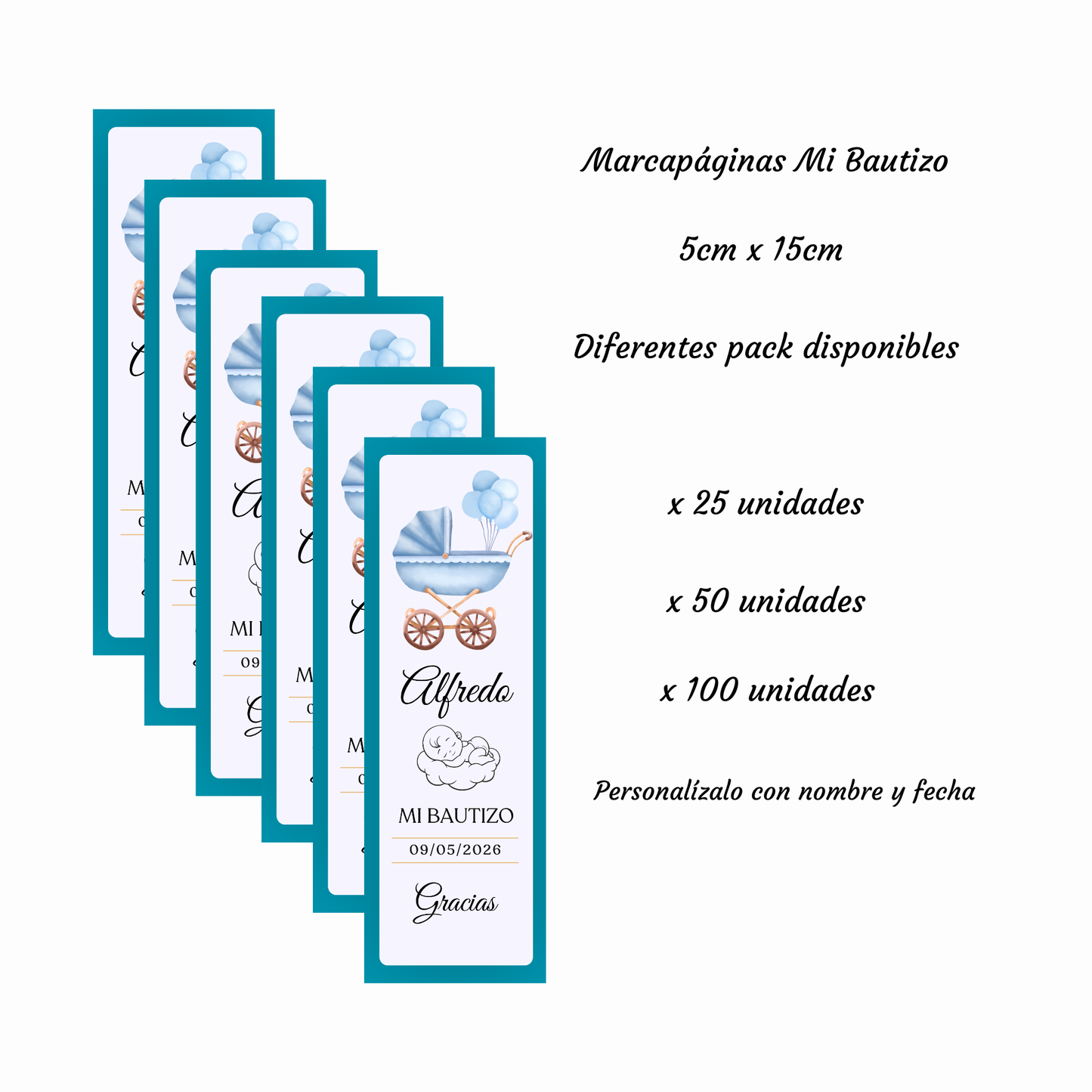 Marcapáginas Bautizo Personalizados – Diseño Carrito Azul – Packs 12 / 24 / 36 / 48 – Recuerdo para Invitados