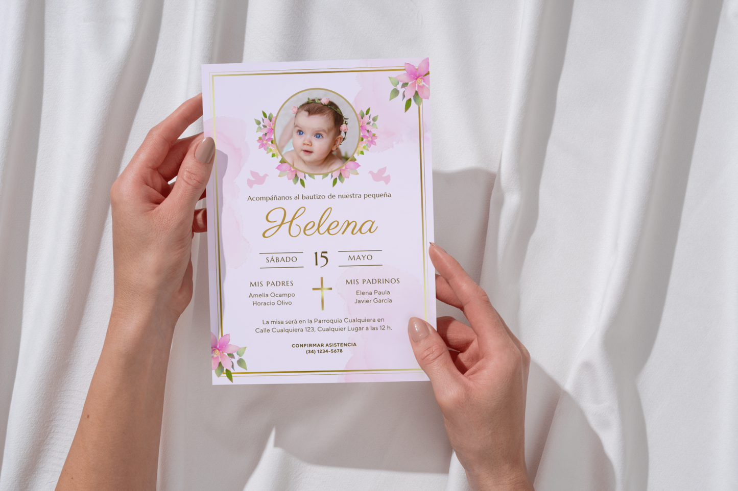 Invitaciones de Bautizo Personalizadas con Foto – Diseño Floral Rosa – Con Sobres y Cuerda de Yute – Packs 16 / 24 / 32