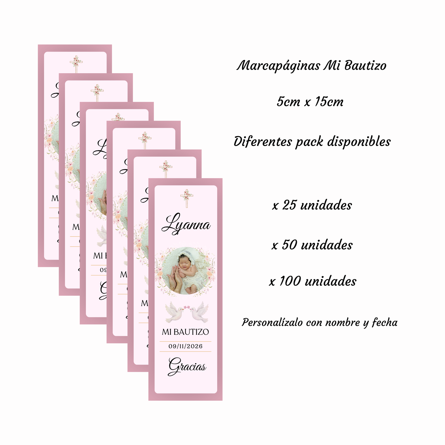 Marcapáginas Bautizo Personalizados con Foto – Diseño Floral Rosa – Packs 12 / 24 / 36 / 48 – Recuerdo para Invitados