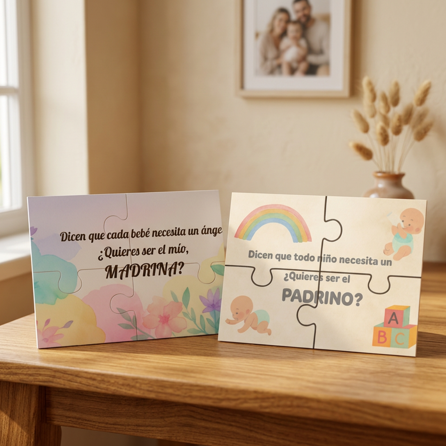 Pack 2 Tarjetas Puzzle Padrino y Madrina – Invitación Original y Emotiva – Diseño Premium 300 g – Hecho a Mano