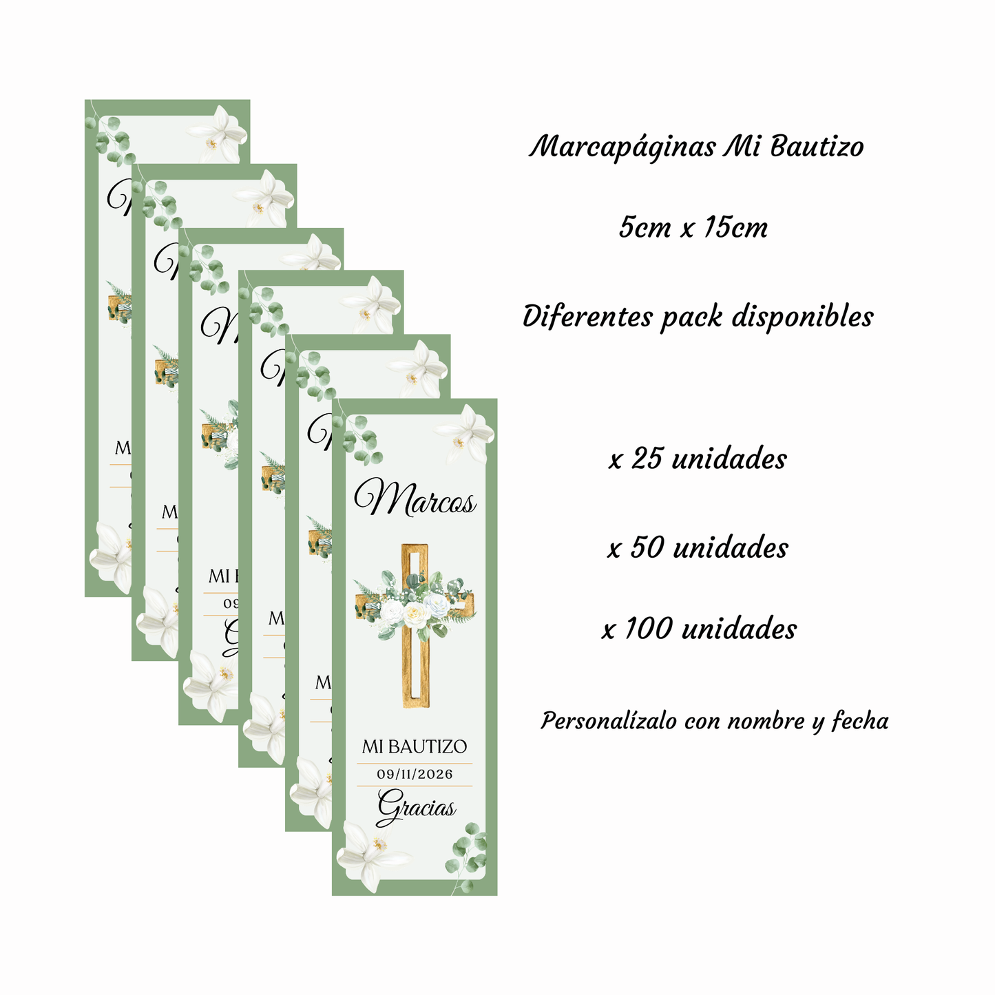 Marcapáginas Bautizo Personalizados – Diseño Cruz Dorada Floral – Packs 12 / 24 / 36 / 48 – Tarjetas Agradecimiento