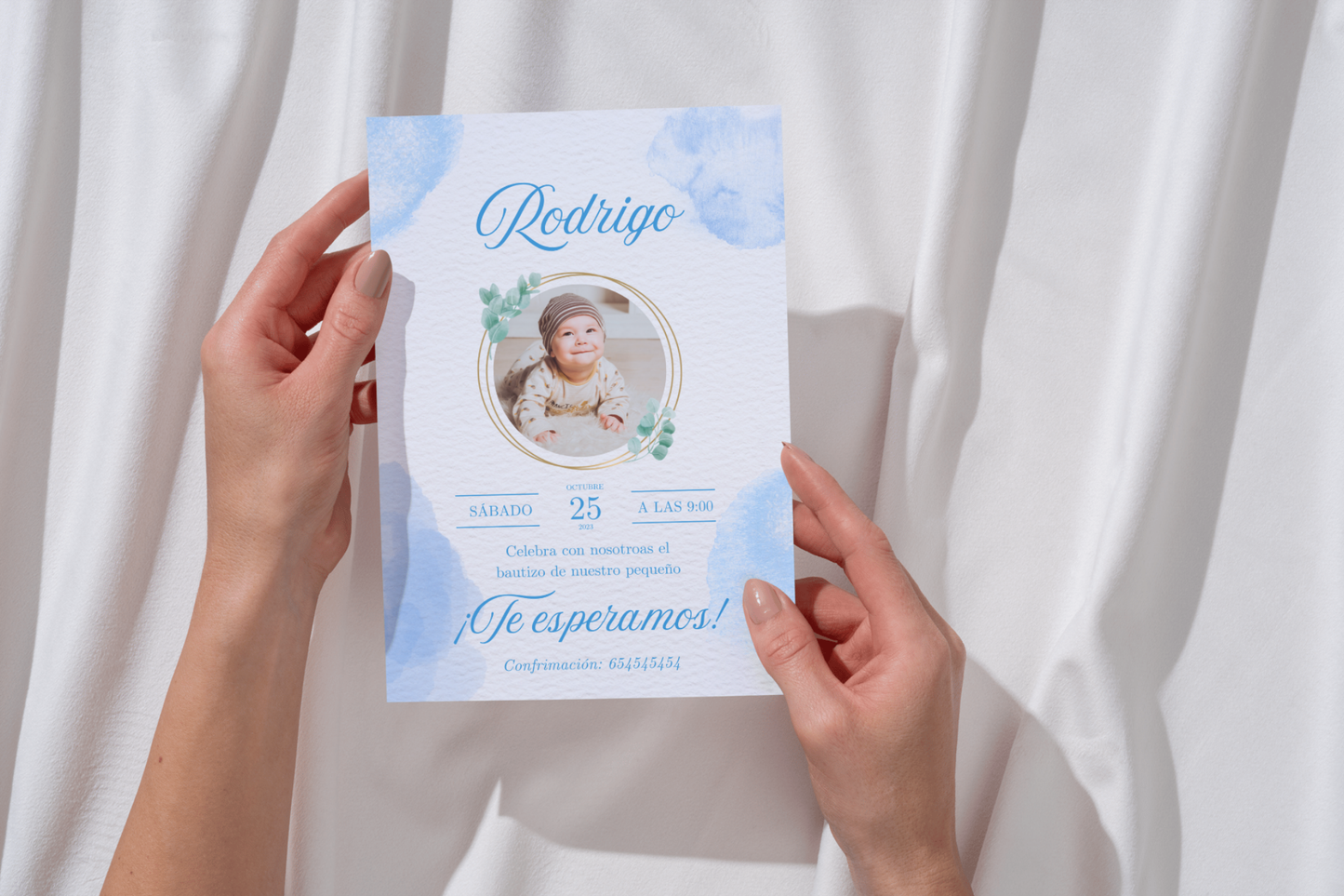 Invitaciones de Bautizo Personalizadas con Foto – Packs 16 / 24 / 32 – Diseño Acuarela Azul – Tarjetas Premium A6