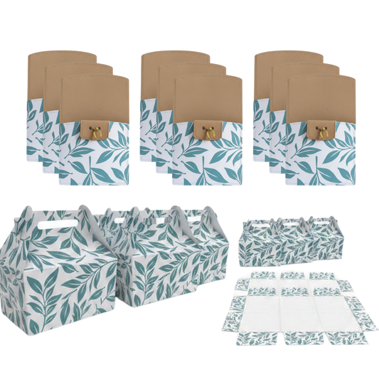 Pack 6 Sobres + 6 Cajas Desmontadas – Diseño Hoja Verde – Detalles para Bautizo, Baby Shower y Comunión
