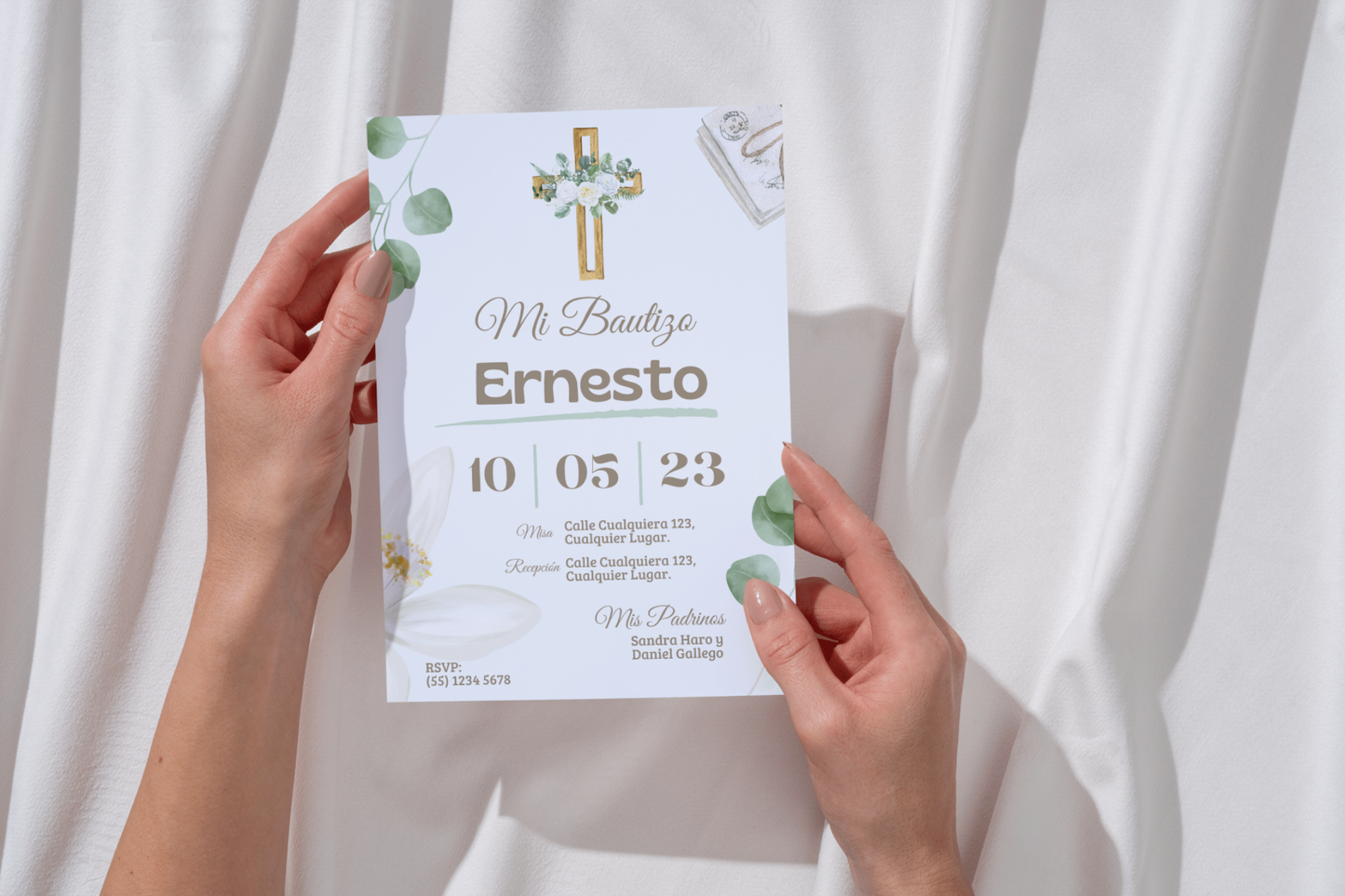 Invitaciones de Bautizo Personalizadas – Diseño Cruz Dorada – Con Sobres y Cuerda de Yute – Packs 16 / 24 / 32