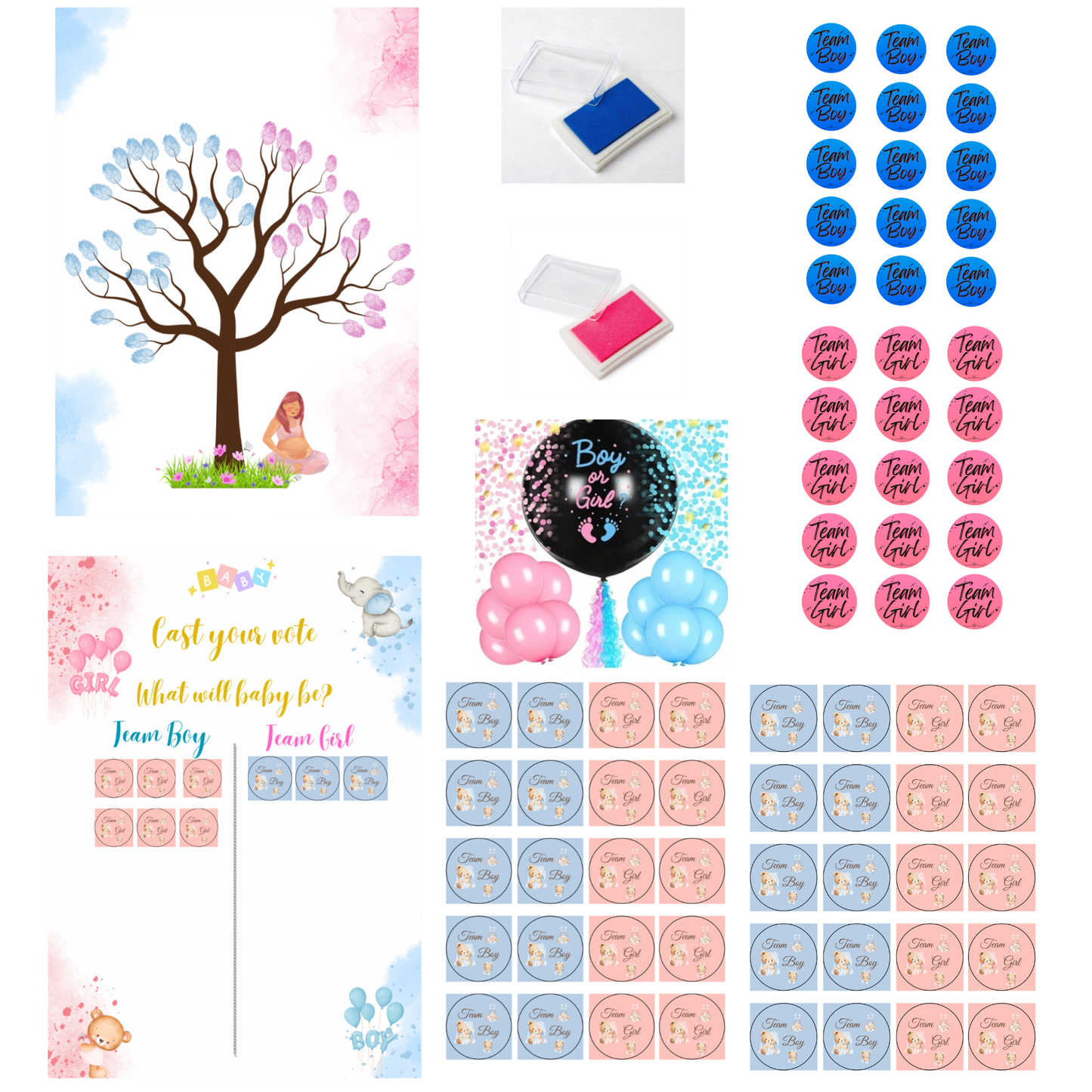 Pack Gender Reveal — Árbol de huellas A3 + tinta rosa y azul + lámina votación + adhesivos + globo revelación