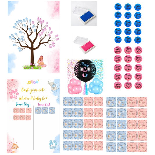 Pack Gender Reveal — Árbol de huellas A3 + tinta rosa y azul + lámina votación + adhesivos + globo revelación