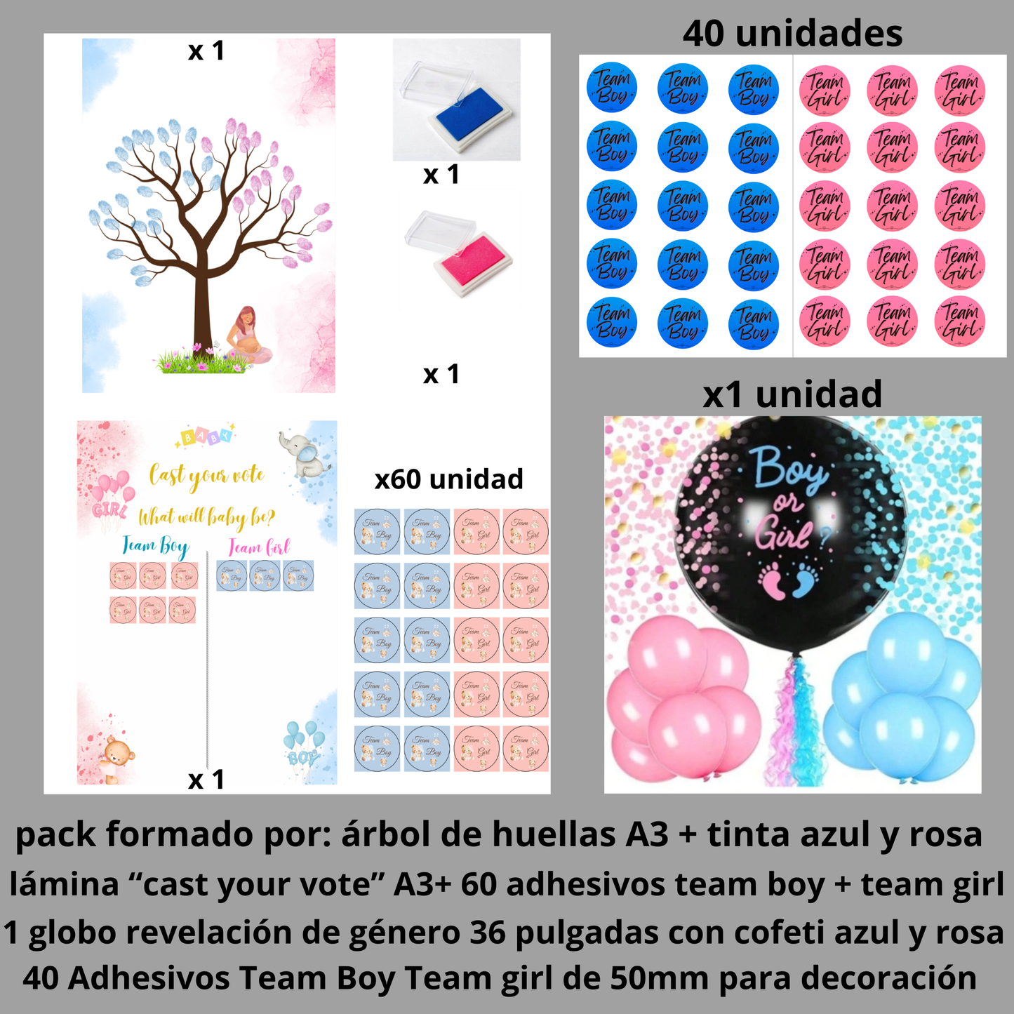 Pack Gender Reveal — Árbol de huellas A3 + tinta rosa y azul + lámina votación + adhesivos + globo revelación