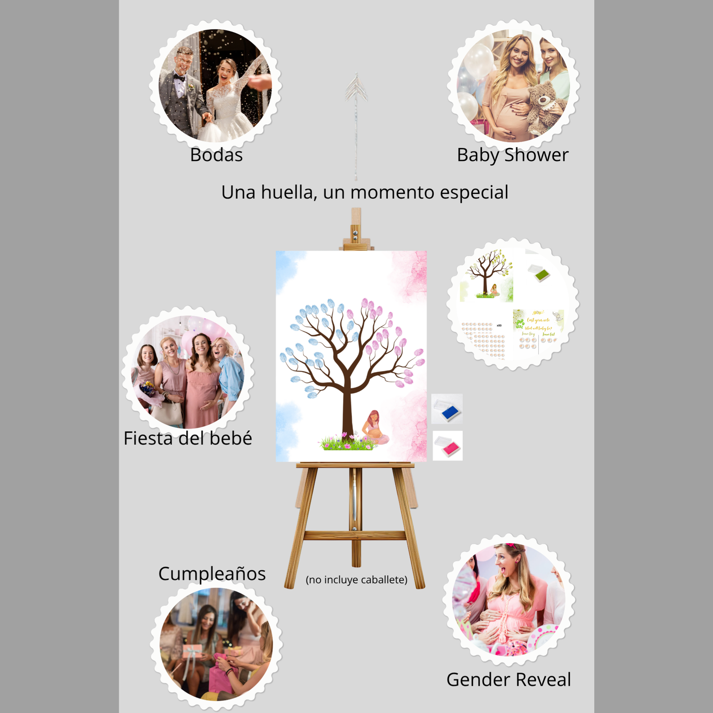 Pack Gender Reveal — Árbol de huellas A3 + tinta rosa y azul + lámina votación + adhesivos + globo revelación