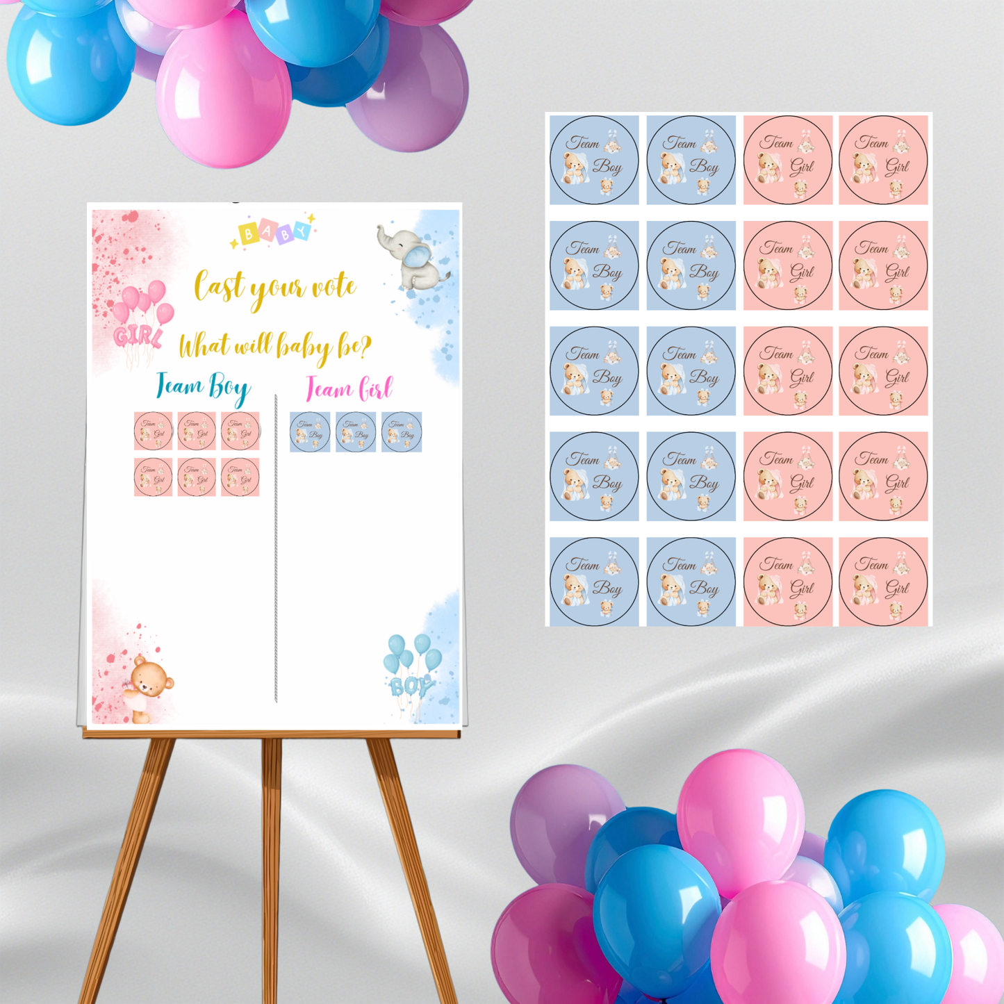 Pack Gender Reveal — Árbol de huellas A3 + tinta rosa y azul + lámina votación + adhesivos + globo revelación