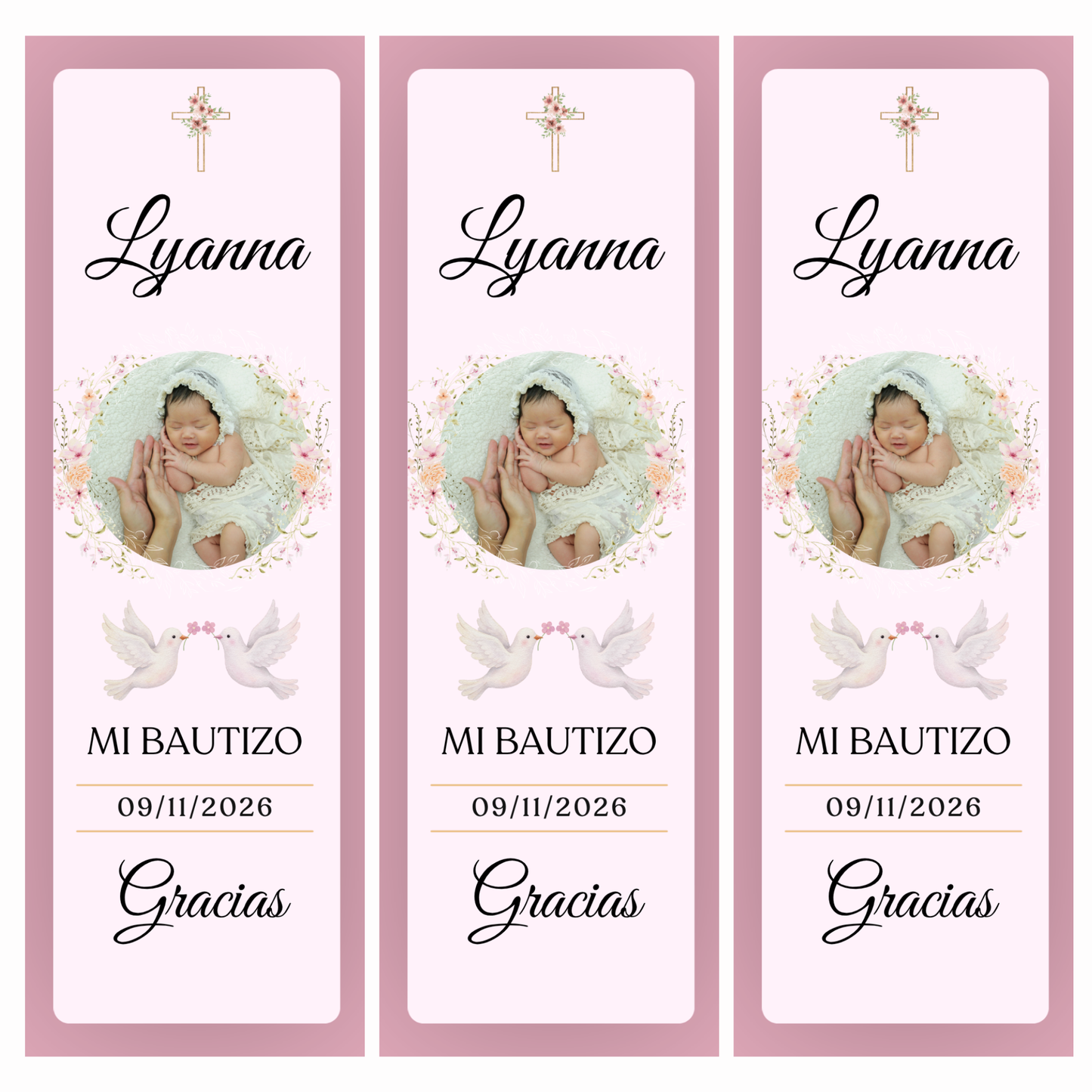 Marcapáginas Bautizo Personalizados con Foto – Diseño Floral Rosa – Packs 12 / 24 / 36 / 48 – Recuerdo para Invitados