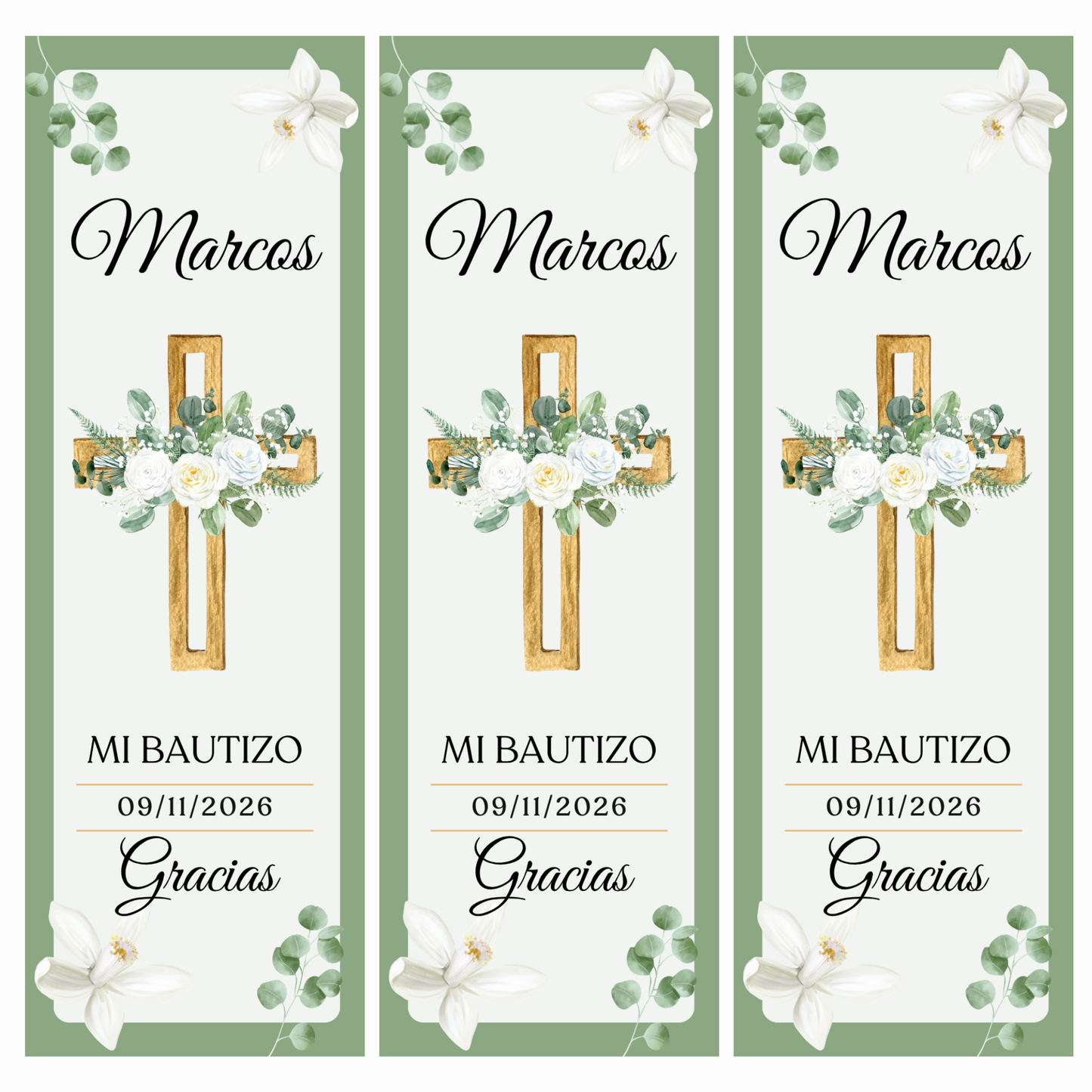 Marcapáginas Bautizo Personalizados – Diseño Cruz Dorada Floral – Packs 12 / 24 / 36 / 48 – Tarjetas Agradecimiento
