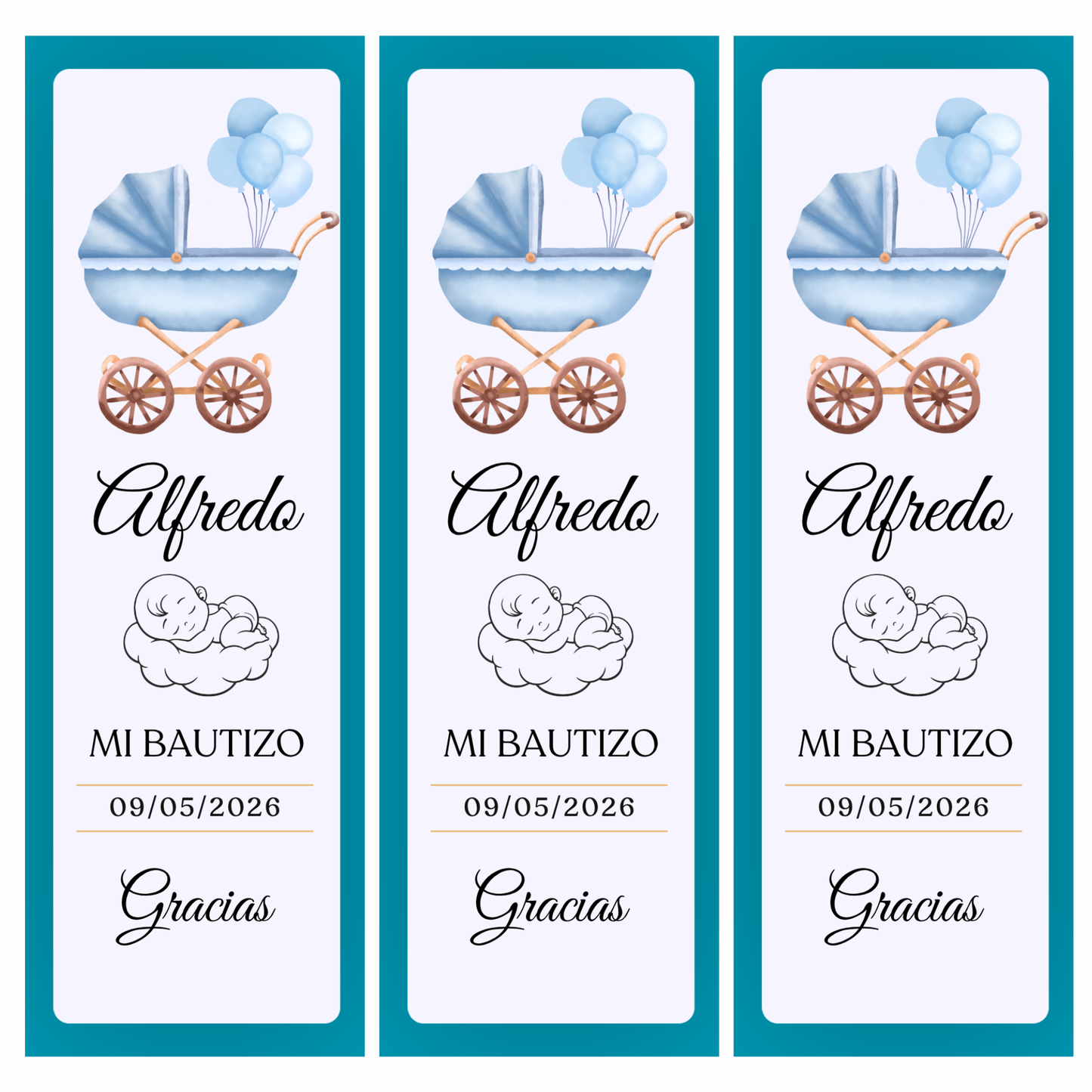 Marcapáginas Bautizo Personalizados – Diseño Carrito Azul – Packs 12 / 24 / 36 / 48 – Recuerdo para Invitados