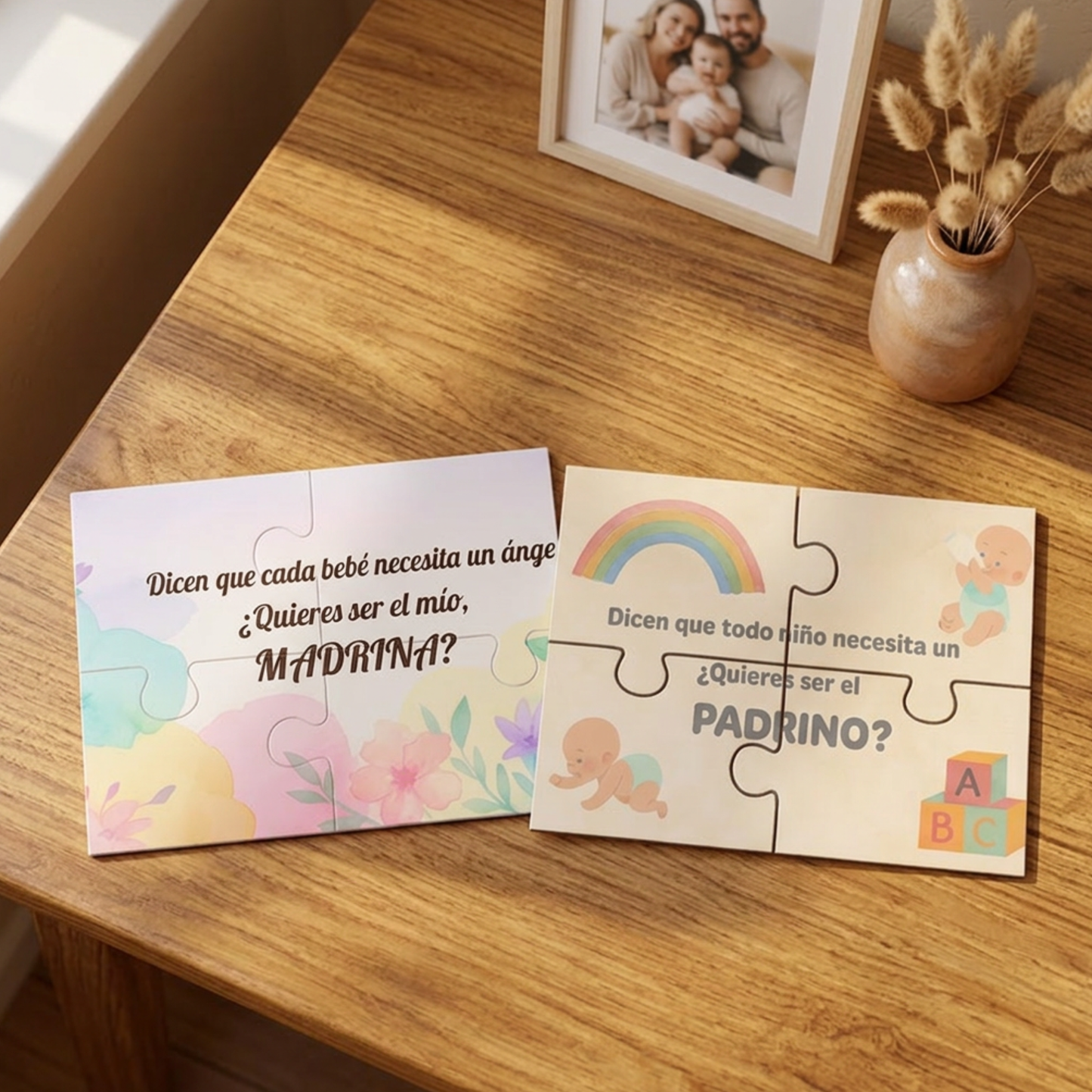 Pack 2 Tarjetas Puzzle Padrino y Madrina – Invitación Original y Emotiva – Diseño Premium 300 g – Hecho a Mano