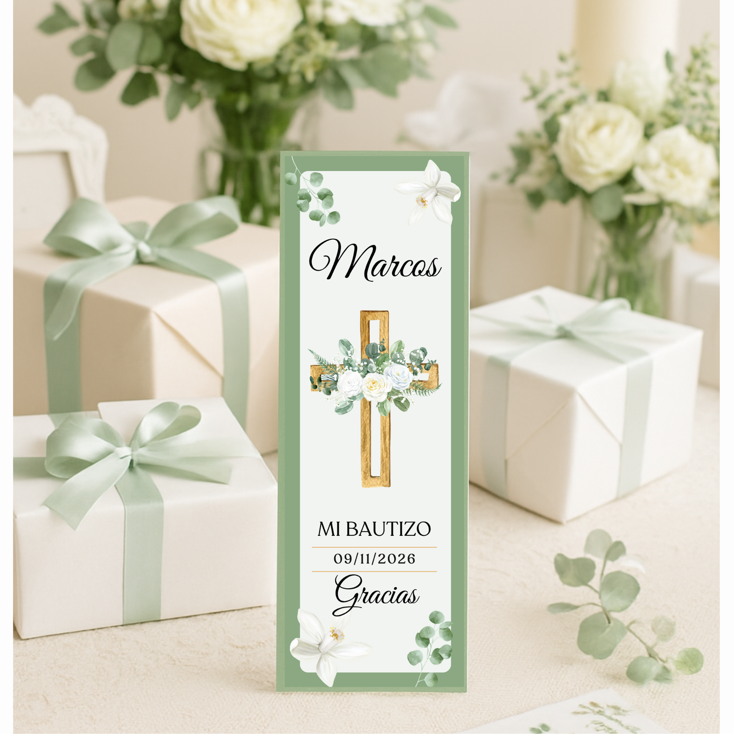 Marcapáginas Bautizo Personalizados – Diseño Cruz Dorada Floral – Packs 12 / 24 / 36 / 48 – Tarjetas Agradecimiento