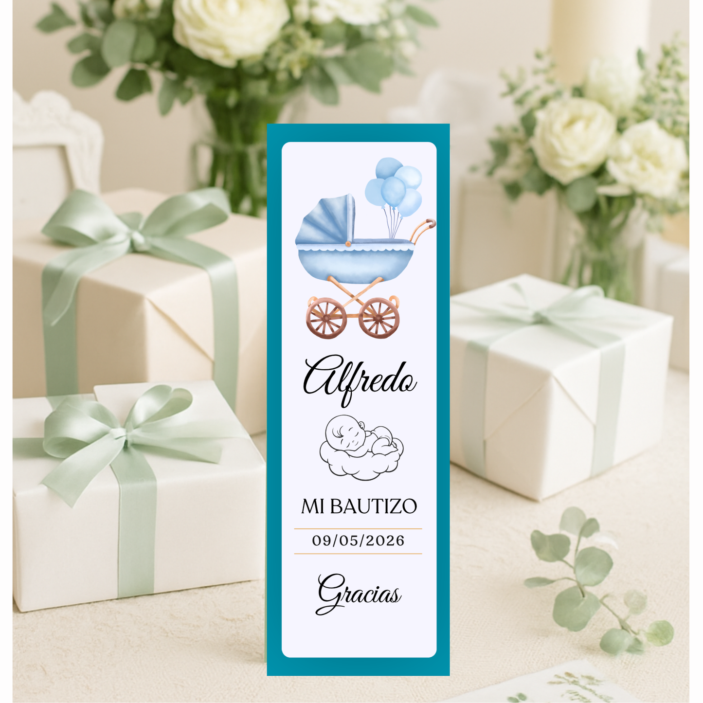 Marcapáginas Bautizo Personalizados – Diseño Carrito Azul – Packs 12 / 24 / 36 / 48 – Recuerdo para Invitados