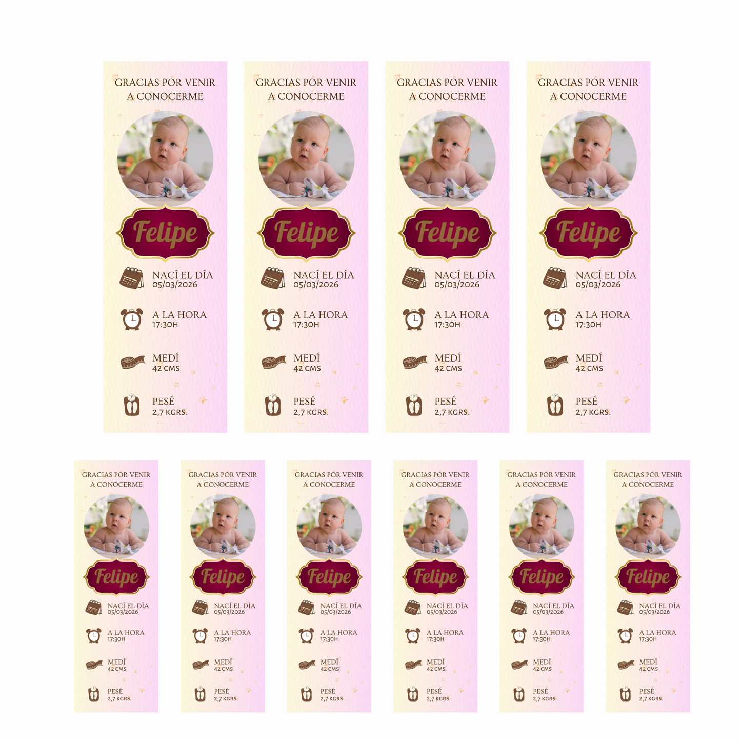 Marcapáginas Natalicio Personalizados con Foto – Diseño Rosa Pastel – Packs 12 / 24 / 36 / 48 – Recuerdo de Nacimiento
