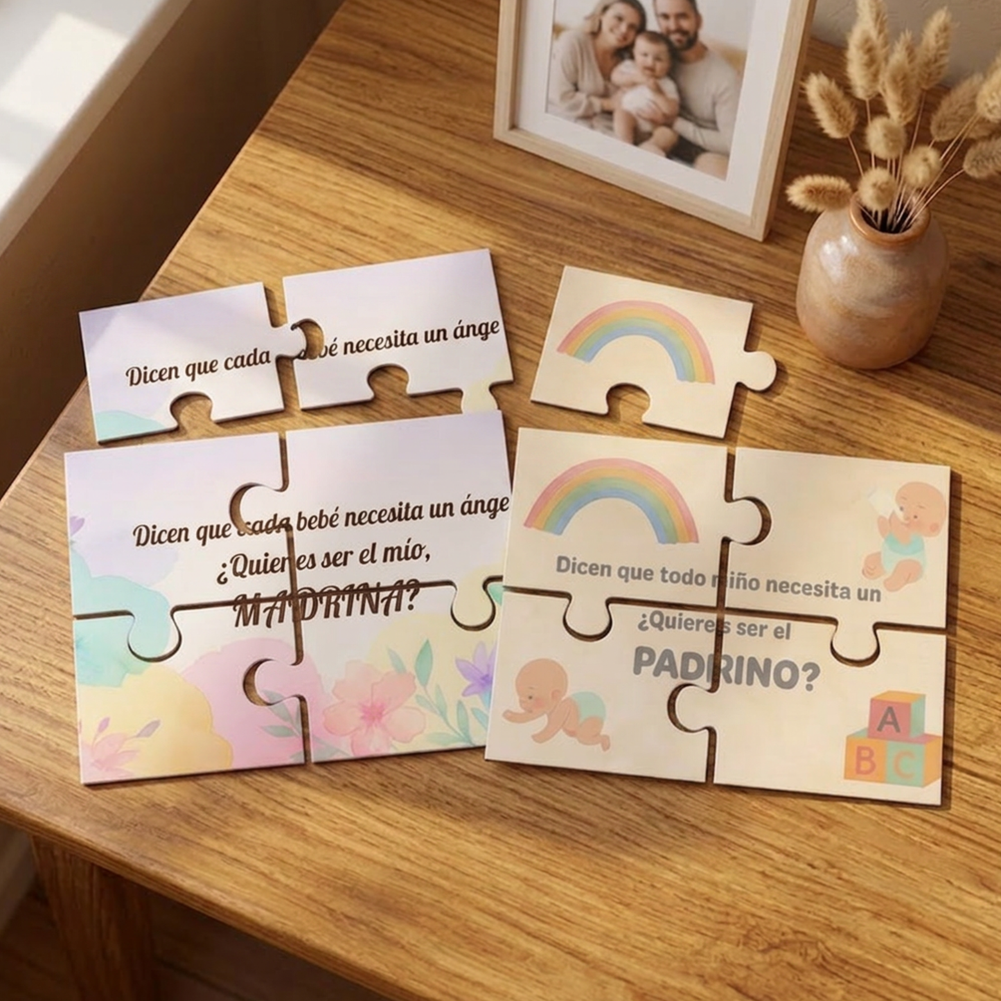 Pack 2 Tarjetas Puzzle Padrino y Madrina – Invitación Original y Emotiva – Diseño Premium 300 g – Hecho a Mano