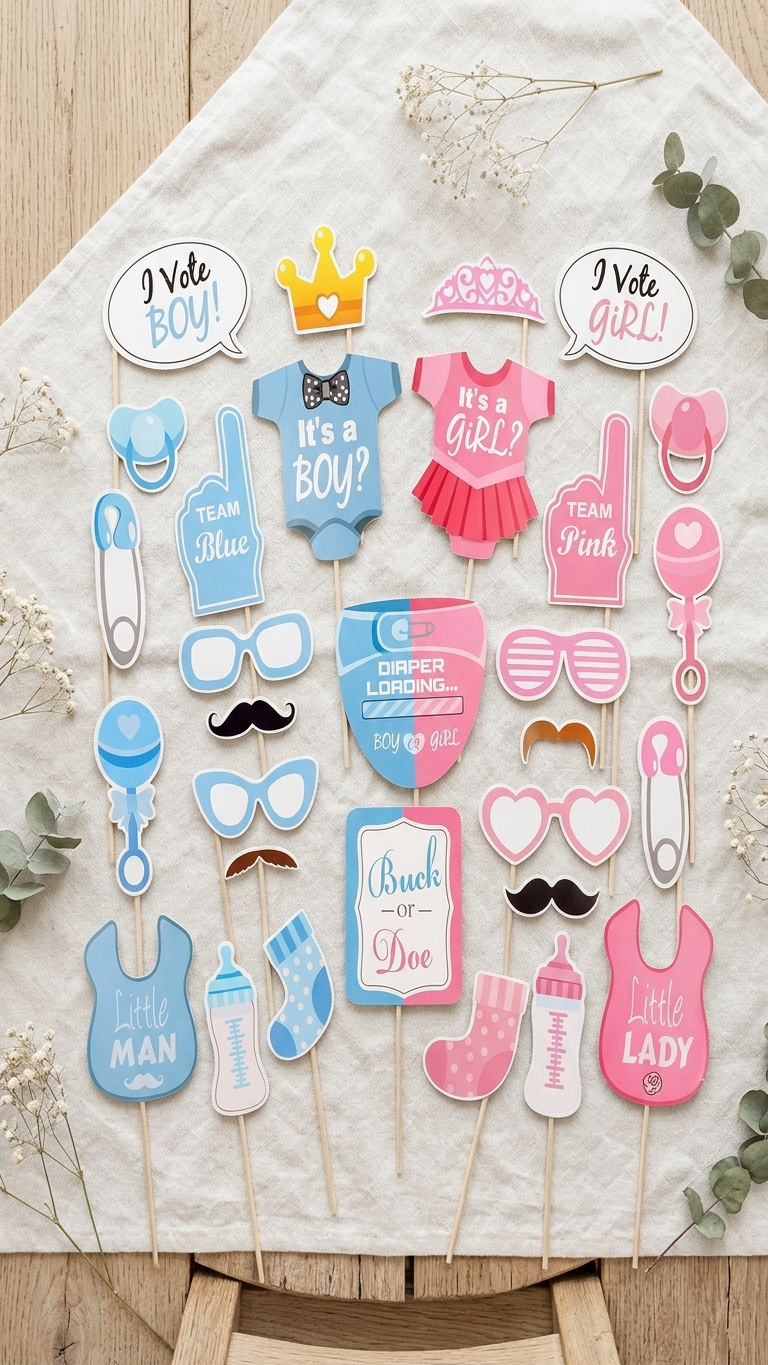 Pack 40 Props Fotocall Gender Reveal · Niño o Niña · Accesorios Fiesta Revelación de Género · Photocall Baby Shower