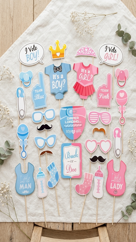 Pack 40 Props Fotocall Gender Reveal · Niño o Niña · Accesorios Fiesta Revelación de Género · Photocall Baby Shower