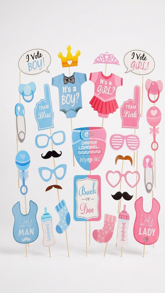 Pack 40 Props Fotocall Gender Reveal · Niño o Niña · Accesorios Fiesta Revelación de Género · Photocall Baby Shower