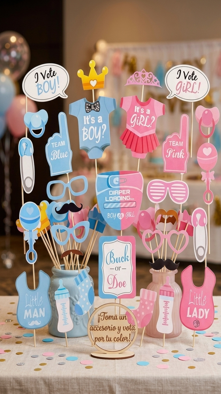 Pack 40 Props Fotocall Gender Reveal · Niño o Niña · Accesorios Fiesta Revelación de Género · Photocall Baby Shower