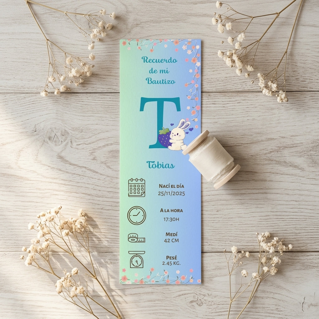Marcapáginas Natalicio Personalizados – Diseño Conejito y Flores – Packs 12 / 24 / 36 / 48 – Recuerdo de Bautizo o Nacimiento