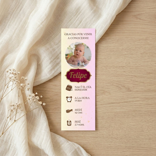 Marcapáginas Natalicio Personalizados con Foto – Diseño Rosa Pastel – Packs 12 / 24 / 36 / 48 – Recuerdo de Nacimiento