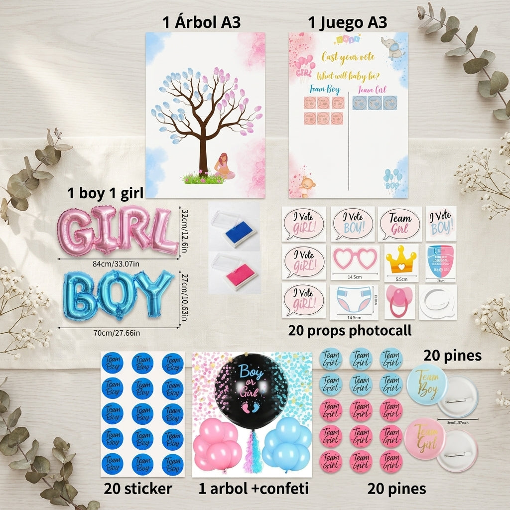 Pack Revelación de Género 149 Piezas · Niño o Niña · Decoración Fiesta Gender Reveal