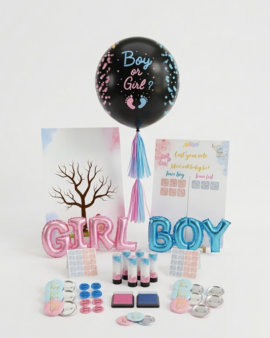 Mega Pack Gender Reveal — Globo revelación + cañones rosa y azul + globos BOY & GIRL + árbol de huellas + juego de votación + adhesivos + pines (131 piezas)